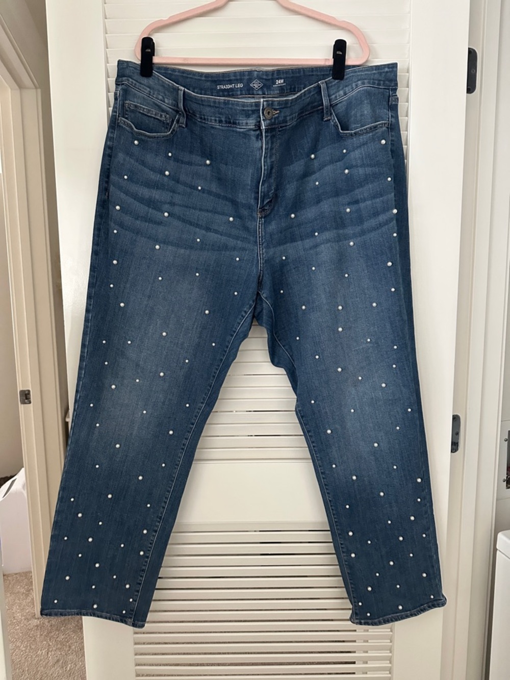 Pearl-Embellished Blue Straight-Leg Jeans - Women